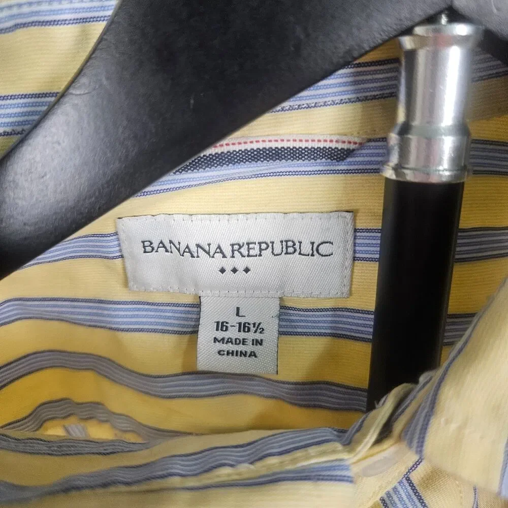 Banana Republic Mens L Yellow Blue‎ Striped Dress Shirt 100% Cotton Button Up